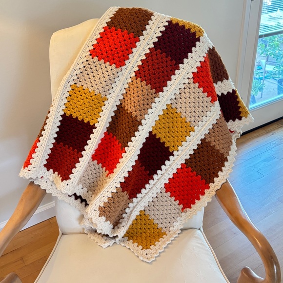 Crochet Throw Blanket Afghan 49”X49” Handmade Creme Brown Orange - Picture 2 of 6